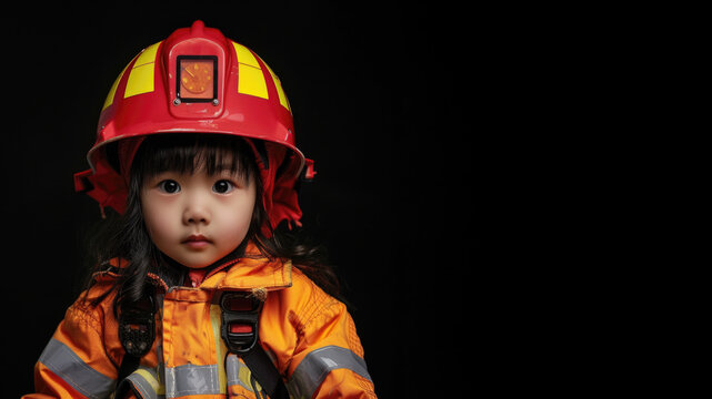a studio portrait picture of little asian girl dressed up as a firefighter isolated on black background