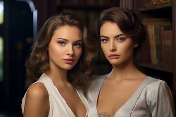 Generated with AI image of young person student standing in large library among books