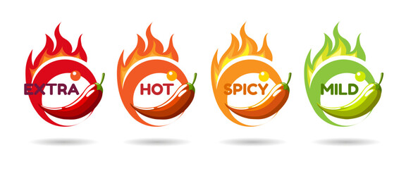 Obraz premium Hot Chili Pepper Label Set. Peppers with Fire Flames Spicy Food Emblems