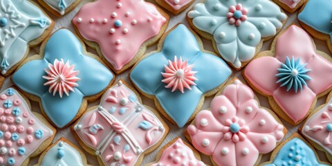 Close-up view of a variety of cookies decorated with icing in a vintage quilt pattern in shades of blue and pink, arranged neatly on a table.