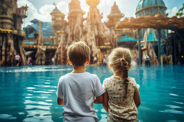 Fototapeta na wymiar Summer holidays children in aquapark having fun sliding water splash Generative AI picture