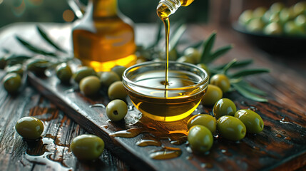 Olive oil and olive fruits on a wooden table - obrazy, fototapety, plakaty