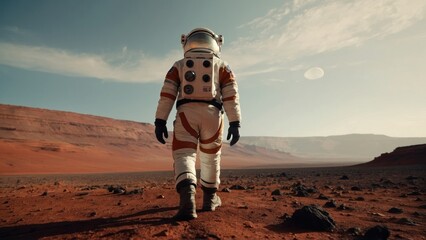 Back view of astronaut wearing space suit walking on a surface of a red planet. Mars colonization concept