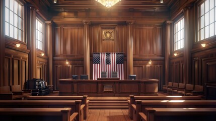 Empty American Style Courtroom. Supreme Court of Law and Justice Trial Stand. Courthouse Before Civil Case Hearing Starts. Grand Wooden Interior with Judge's Bench, Defendant's, - obrazy, fototapety, plakaty