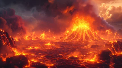 Foto op Canvas Volcanic eruption at sunset, 3d render illustration, horizontal © Nutchanok