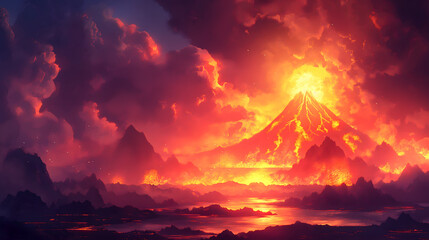 Volcanic eruption at sunset, 3d render illustration, horizontal - obrazy, fototapety, plakaty