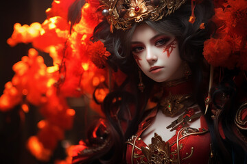 Fototapeta premium Digital generative ai collage image of chinese girl dressed traditional ancient queen on halloween event