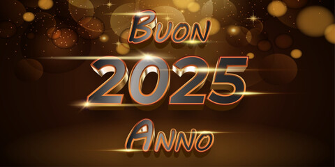 biglietto o banner per augurare un felice anno nuovo 2025 in oro e grigio su uno sfondo sfumato nero e marrone con cerchi con effetto bokeh - obrazy, fototapety, plakaty