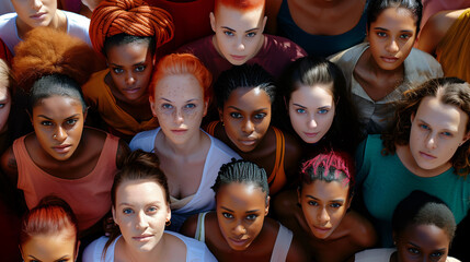 Diverse group of people with various hairstyles and skin tones looking up