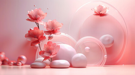 Cherry blossom and rock modern style serene background in red colour, for beauty product