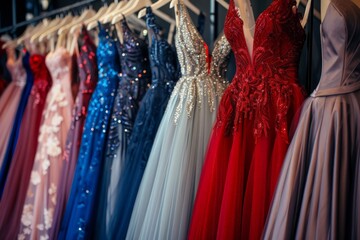 A line-up of elegant formal dresses, including prom gowns, wedding attire, evening wear, and bridesmaid dresses, displayed on a rack in a luxury modern boutique.