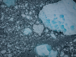 Antarctic ice heart aerial view, ice on the water forming a heart