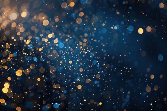 An abstract background featuring dark blue and golden particles. Christmas golden light shines, bokeh effect