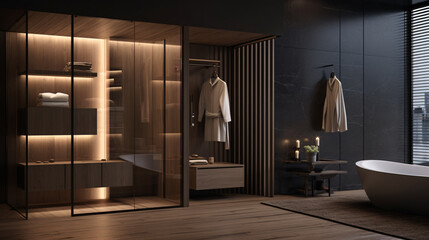 Fototapeta na wymiar Modern luxury stylish dark brown wood walk in closet, minimal walk in wardrobe dressing room interior.