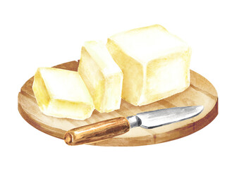 Butter and a knife on a wooden board. Hand  drawn watercolor illustration isolated on white background