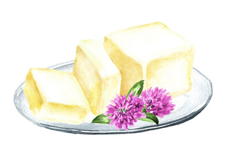 Butter on a plate. Hand  drawn watercolor illustration isolated on white background