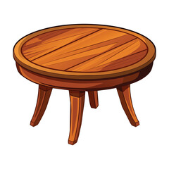 Round Wooden Desk Illustration in Comic Style on White Background