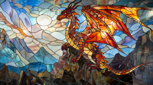 Whimsical stained glass artwork of a fearsome dragon roaring amidst flames, fantasy concept