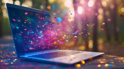 Laptop with magical butterfly glitter effect - Enchanting scene of a laptop emitting magical butterflies and glitter in a forest setting during golden hour