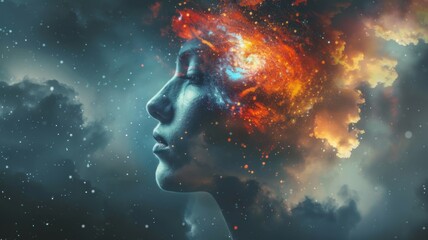 Woman silhouette with universe as her mind's canvas - A surreal portrayal of a woman's profile with the cosmos as her thoughts showcases creativity, imagination, and the vastness of human consciousnes