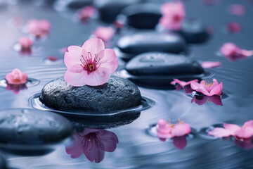 Obraz na płótnie Canvas Close-up shot of serene Japanese Zen garden with rocks, sakura and water pond