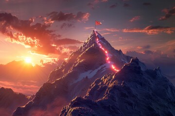 A mountain with a trail ascending its side towards a flag on the peak, symbolizing success and achievement.