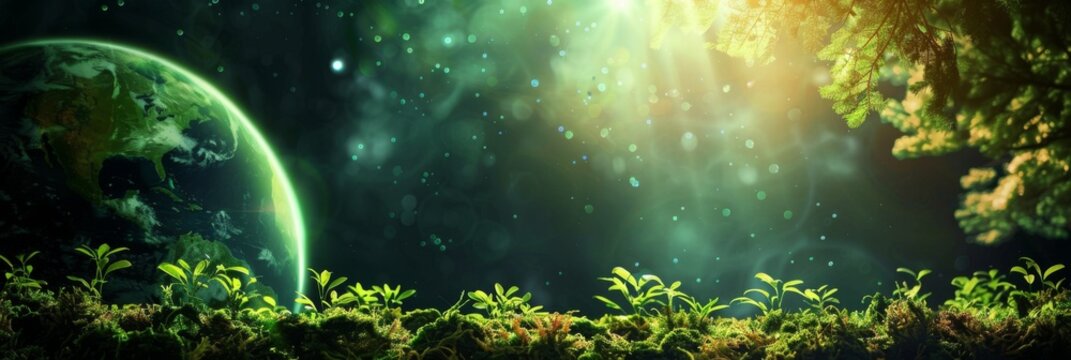 Lush forest with glowing Earth at night - Sprouting plants under a night sky with a glowing Earth and stars, symbolizing growth and life