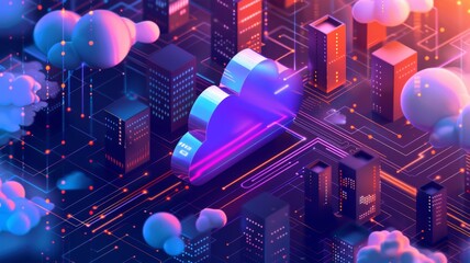 Neon cloud storage concept over digital city - A futuristic neon representation of cloud storage technology hovering over a stylized digital city landscape