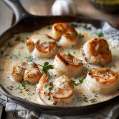 Pan-seared scallops in creamy sauce - Perfectly seared scallops in a creamy garlic sauce, garnished with parsley in a cast iron pan, an elegant seafood dish