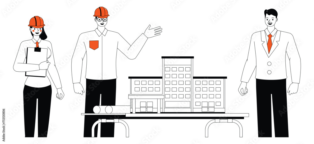 Poster engineering people working character outline flat and minimal vector illustration design style. pres