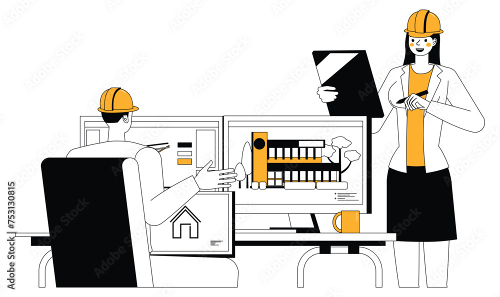 Poster engineering people working character outline flat and minimal vector illustration design style. pres