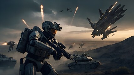 Fototapeta premium Epic Sci-Fi Battlefield Futuristic Soldiers and Spacecraft in Combat