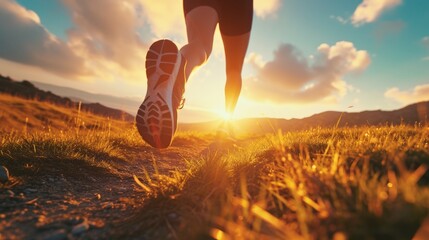 Feet, running fitness for workout. Athlete sprint and road to mountains. jump. sprint. high feet. sunrays. - obrazy, fototapety, plakaty