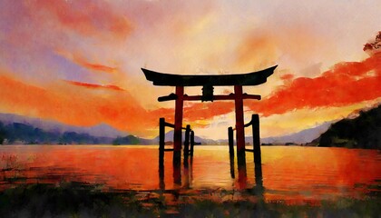 japanese temple at sunset - obrazy, fototapety, plakaty
