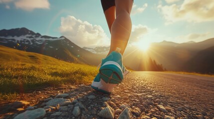 Feet, running fitness for workout. Athlete sprint and road to mountains. jump. sprint. high feet. sunrays. - obrazy, fototapety, plakaty