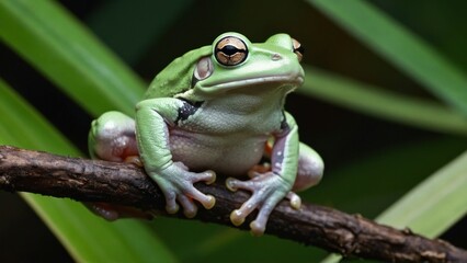 Obraz premium frog on leaves, dumpy frog on branch, animal closeup, amphibian closeup