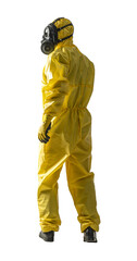 Person in a full yellow hazmat suit and gas mask standing - 753131468