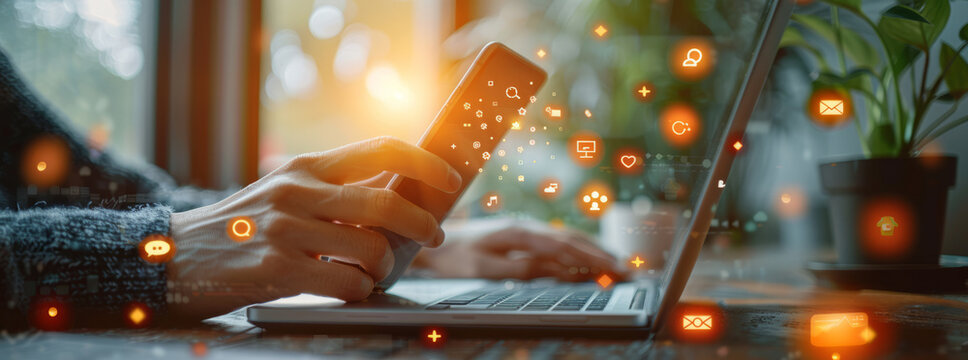 Person chatting online with smartphone in office,various icons,generative ai
