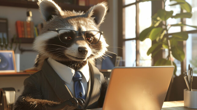 A raccoon dog in a suit and glasses in an office, working on laptop