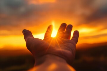 A person holding their hand up towards the sun in the bright sunset sky.