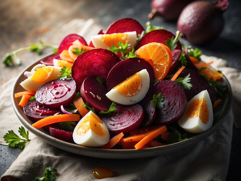 Farbenfroher Rote-Bete-Salat mit Karotten, Ei und frischer Petersilie