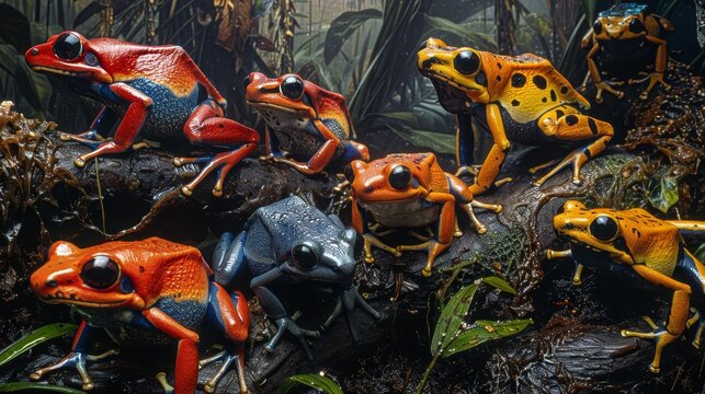 Vibrant poison dart frogs congregating on wet rainforest floor, displaying their vivid coloration.