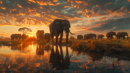 Fototapeta na wymiar A herd of elephants walking through water with a stunning sunset backdrop in the African savannah..