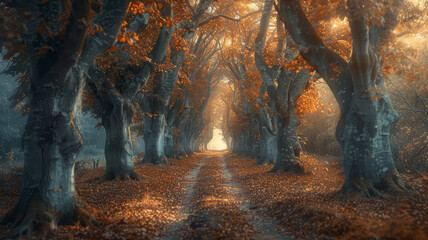 A breathtaking forest pathway surrounded by towering trees with fiery autumn leaves, bathed in the soft light of sunrise..