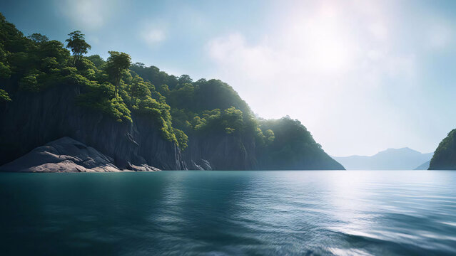 Beautiful seascape with mountains and sea. Nature composition. Generative AI.