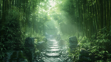 A tranquil stone path winds through a dense bamboo forest, with ethereal sunrays filtering through the misty air..