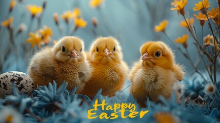 The text "Happy Easter" written in yellow calligraphy letters in front of a Easter postcard with eggs, cheerful yellow chicks