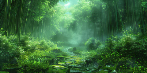 A tranquil stone path winds through a dense bamboo forest, with ethereal sunrays filtering through the misty air.. - obrazy, fototapety, plakaty
