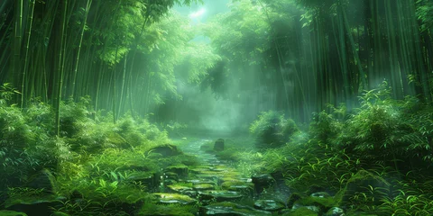 Papier Peint photo autocollant Route en forêt A tranquil stone path winds through a dense bamboo forest, with ethereal sunrays filtering through the misty air..