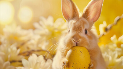 Cute yellow rabbit holding egg